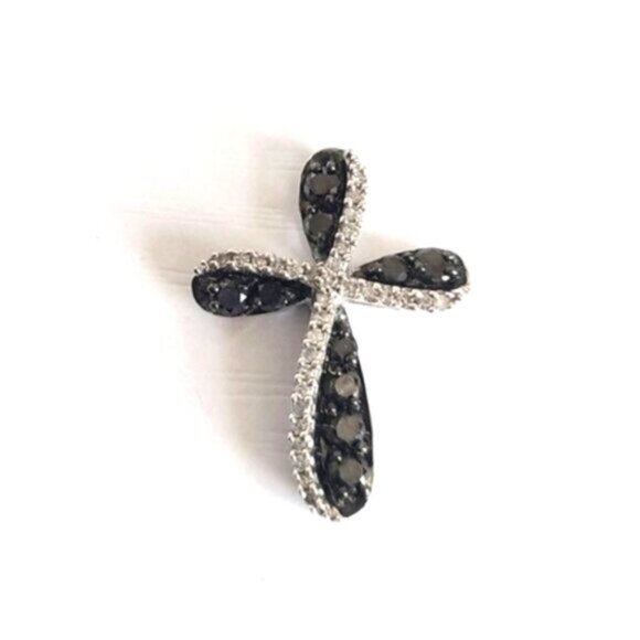 Vintage 10K Luxury White Gold Black White Clear Diamond Crystal Cross Pendant - Picture 2 of 12